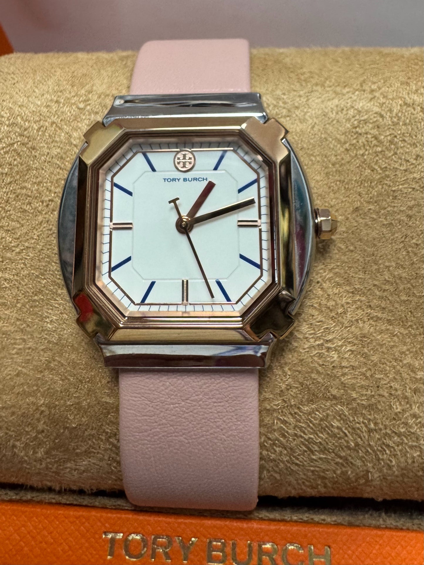 Tory Burch TBW5101 Blake Two Tone Rose Gold & Silver Pink Leather Watch