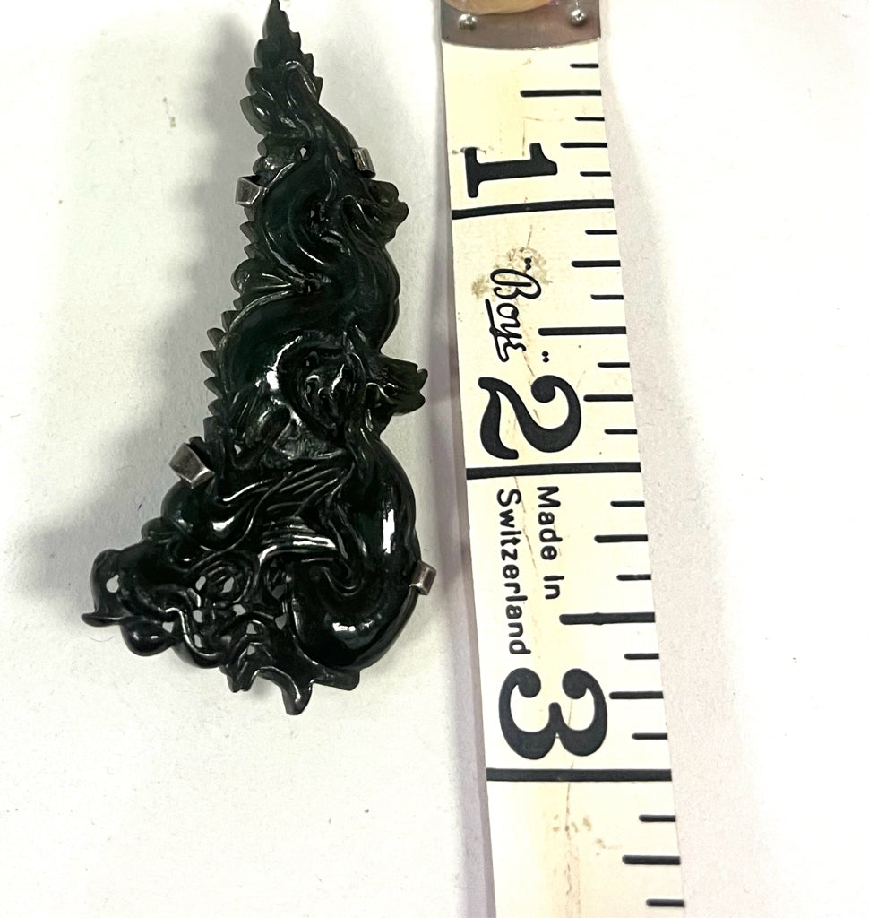 Vintage Dark Green Carved Jade Brooch Pin 2.5" x 1"