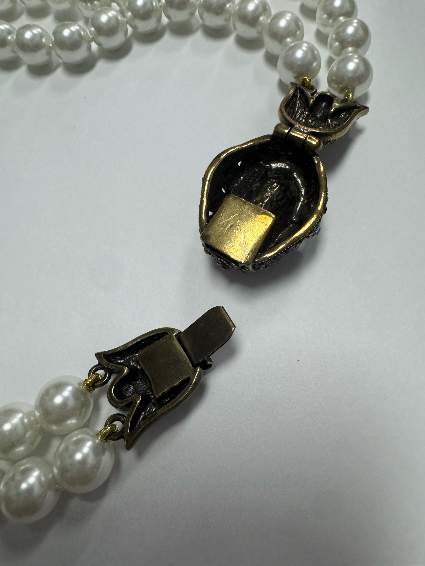 Heidi Daus 18" Necklace Double Faux Pearl Strand Purple Green Stones