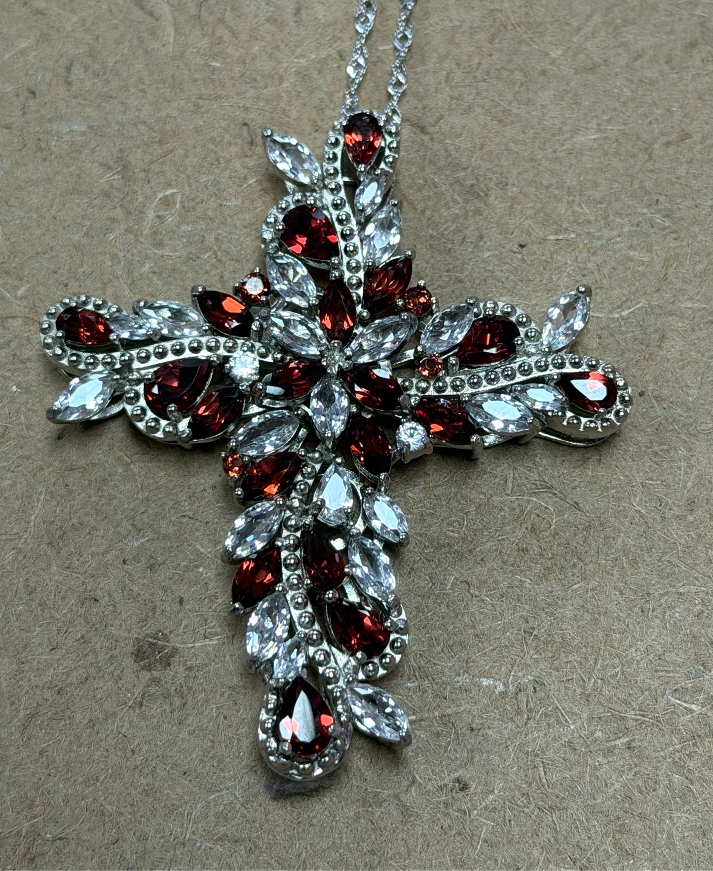 Sterling Silver Garnet Pendant Cross Chain New JTV