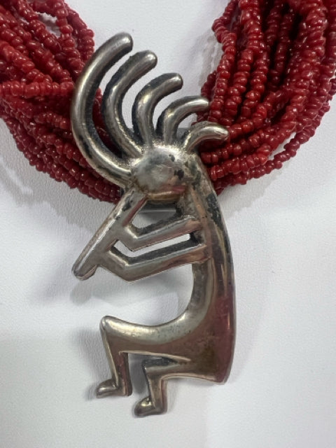 Alvin Thompson Navajo Sterling Silver Kokopelli Pendant Red Coral Necklace 30'