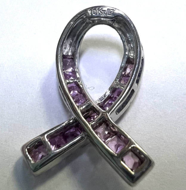 10k White Gold Pink Sapphire Ribbon Pendant Breast Cancer Awareness .80" x .51"