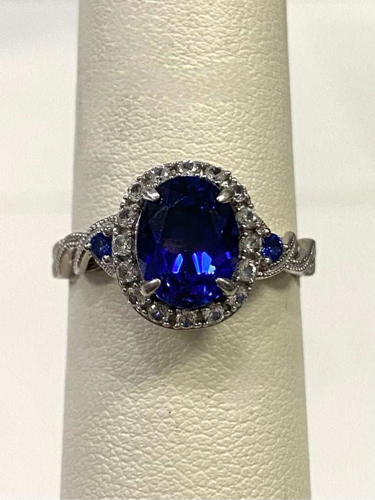 10k White Gold Lab Created Blue Sapphire Ring Size 7.5