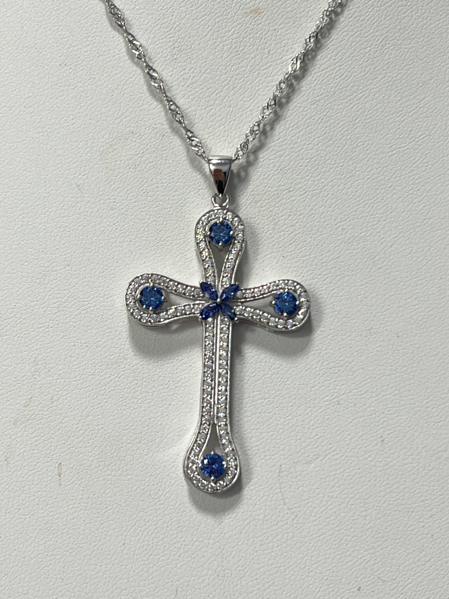 Sterling Silver Blue White CZ Necklace Cross New JTV