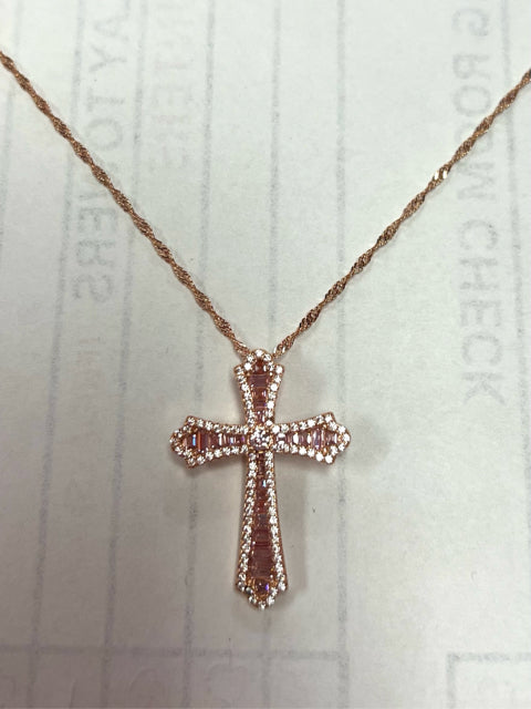 Rose over Sterling Silver CZ Cross Pendant & Chain New JTV
