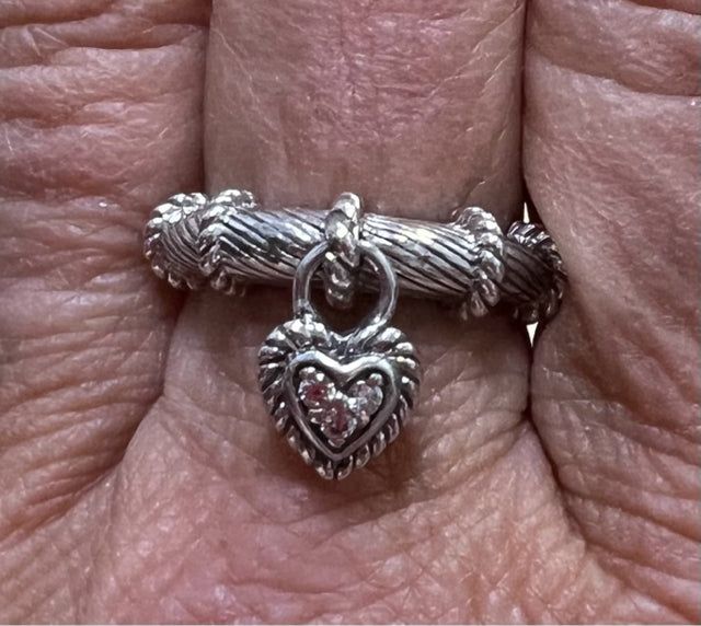 Judith Ripka Sterling Silver Diamonique Dangle Heart Charm Cable Ring Size 7.75
