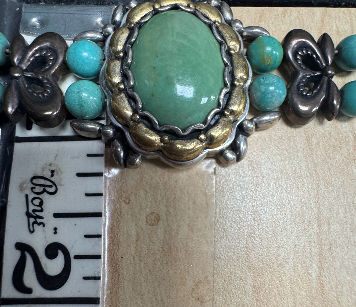 Carolyn Pollock Sterling Silver & Brass Green Turquoise Bracelet 7.5" - 8"