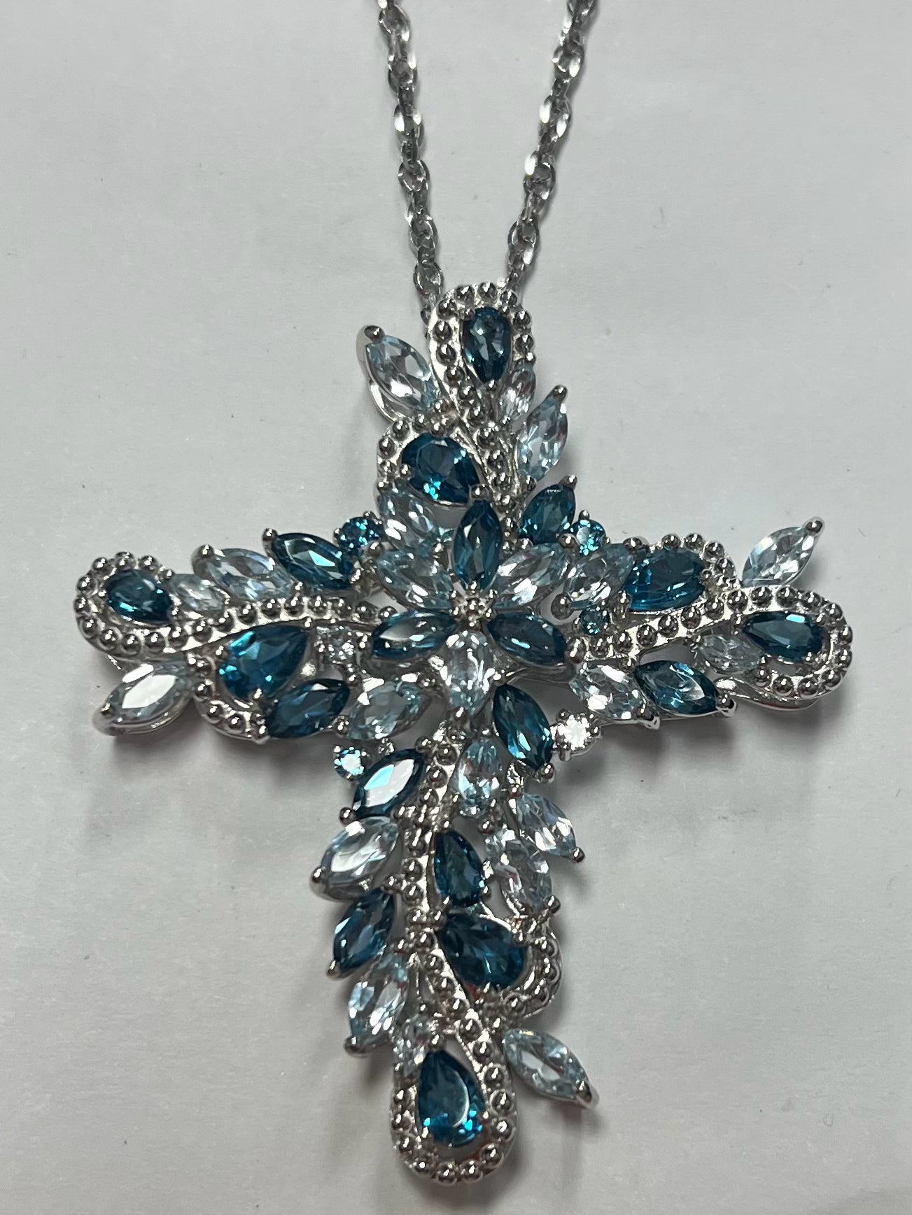 Sterling Silver Blue Topaz Cross Pendant & Chain New JTV