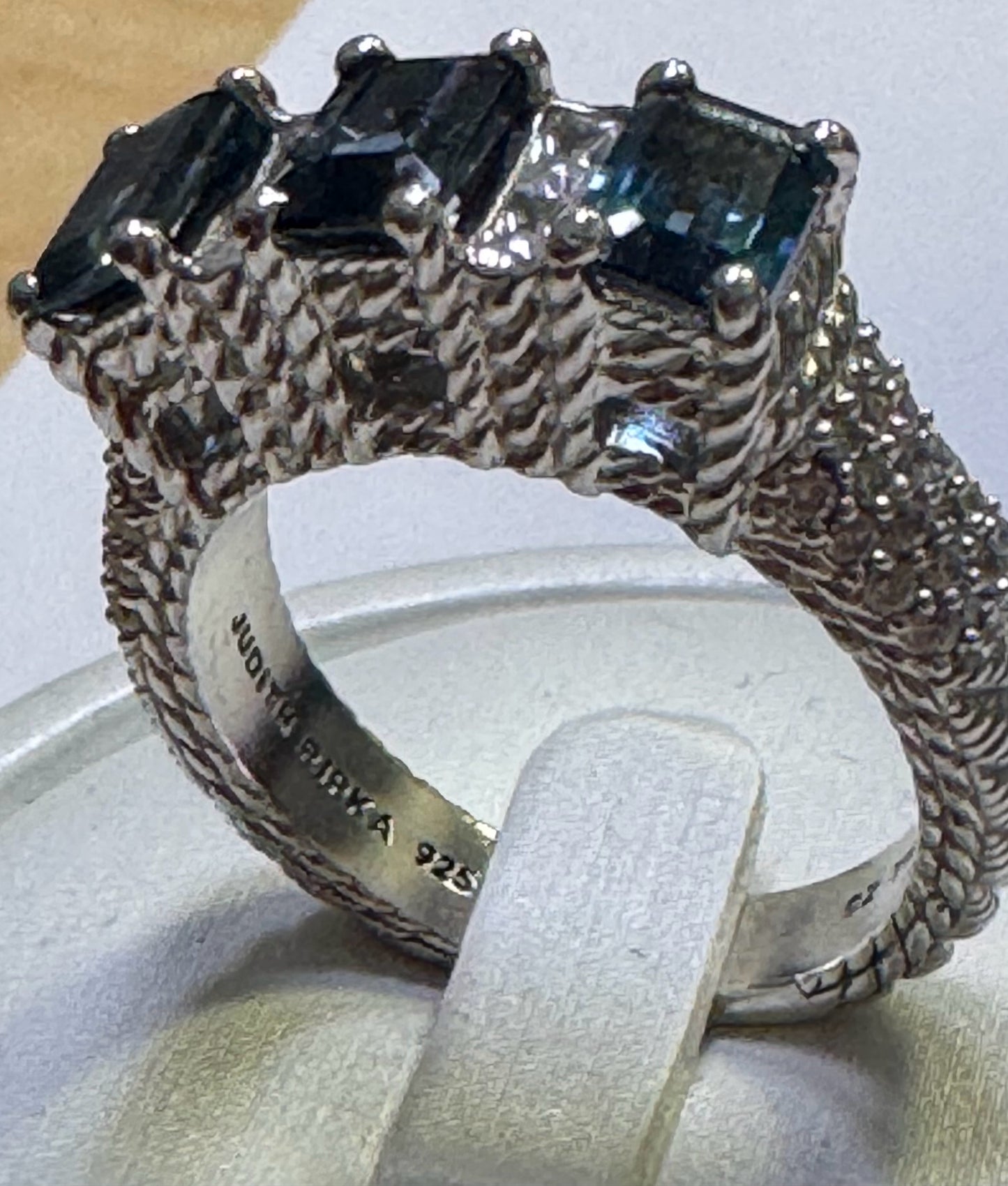 Vintage JUDITH RIPKA Sterling Silver Emerald Cut 3 London Blue Topaz CZ Ring 10