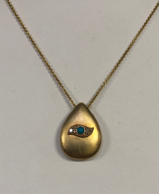 Gold Over Sterling Silver Eye Champagne Diamonds Turquoise Pendant Necklace
