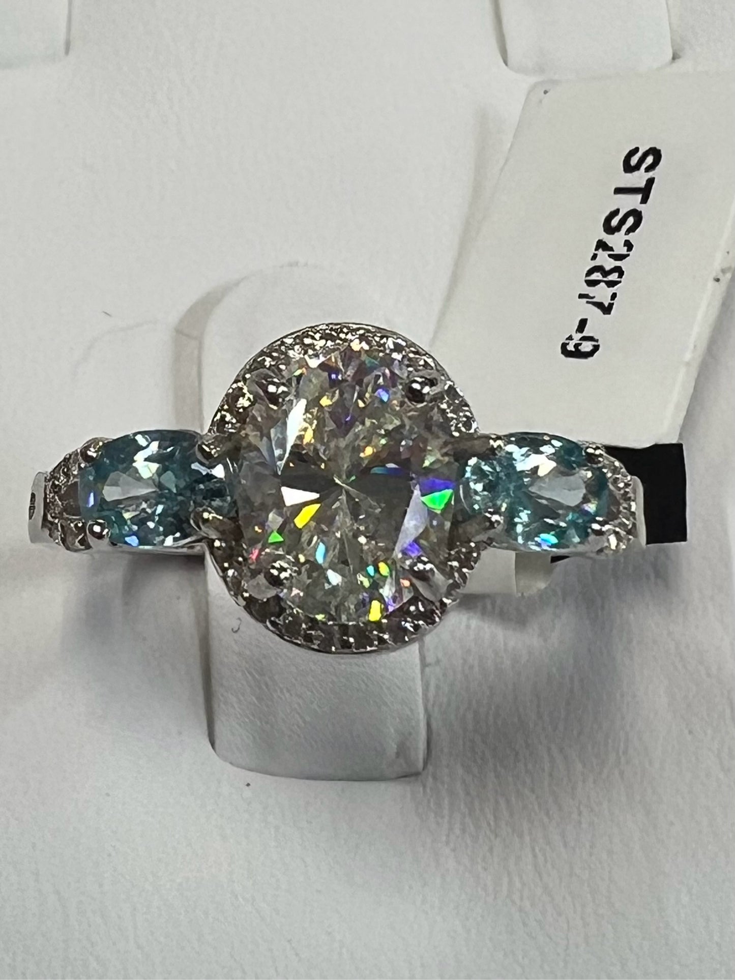 Sterling Silver Aquamarine & White Zircon Ring Size 8