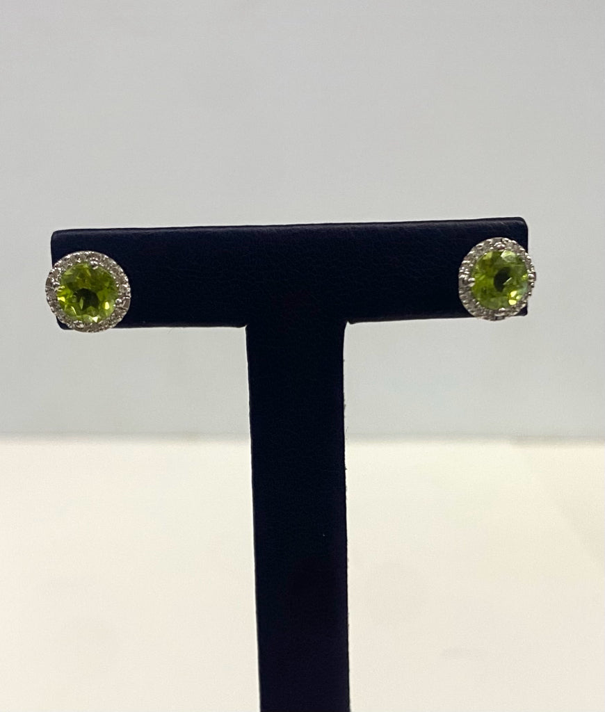 14k White Gold Green Peridot & Diamond Earrings