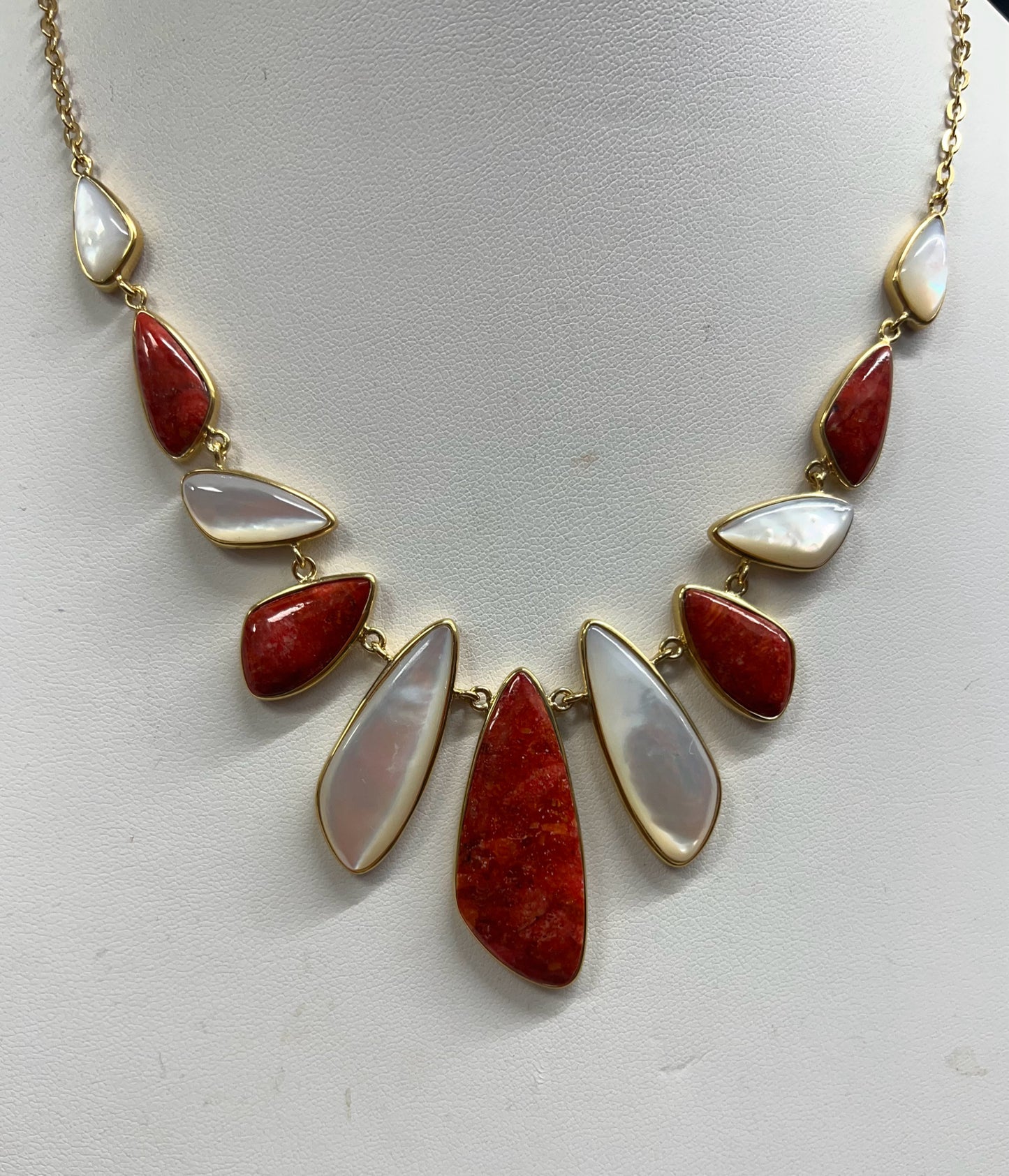 Gold Over Sterling Silver Red Coral & Mother of Pearl Necklace JTV