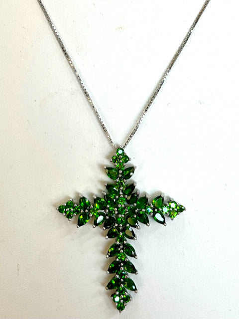 Sterling Silver Chrome Diopside Cross Pendant Necklace & Chain JTV New