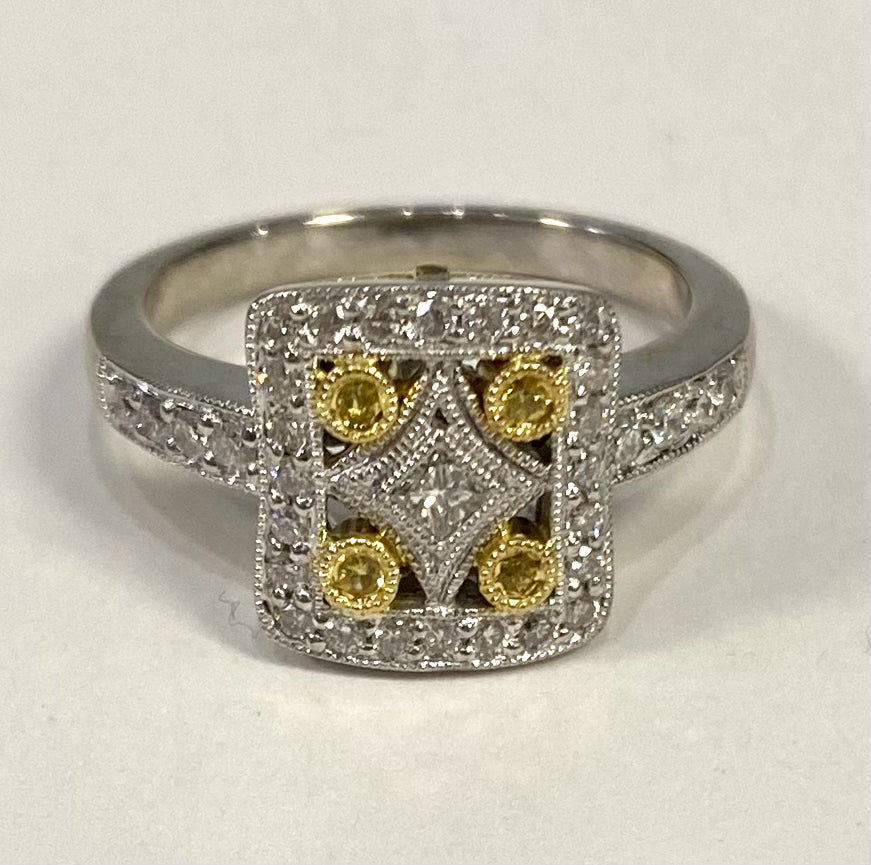 14k White Gold and Yellow Gold Filigree Diamond Ring Size 7 Art Deco Inspired