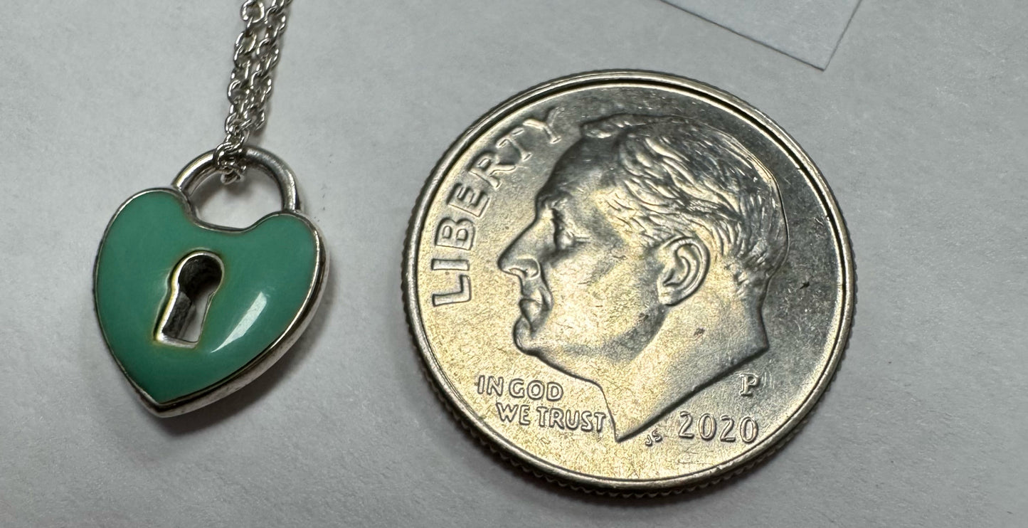 Tiffany & Co Sterling Silver Blue Enamel Small Heart Lock 16" Necklace Keyhole