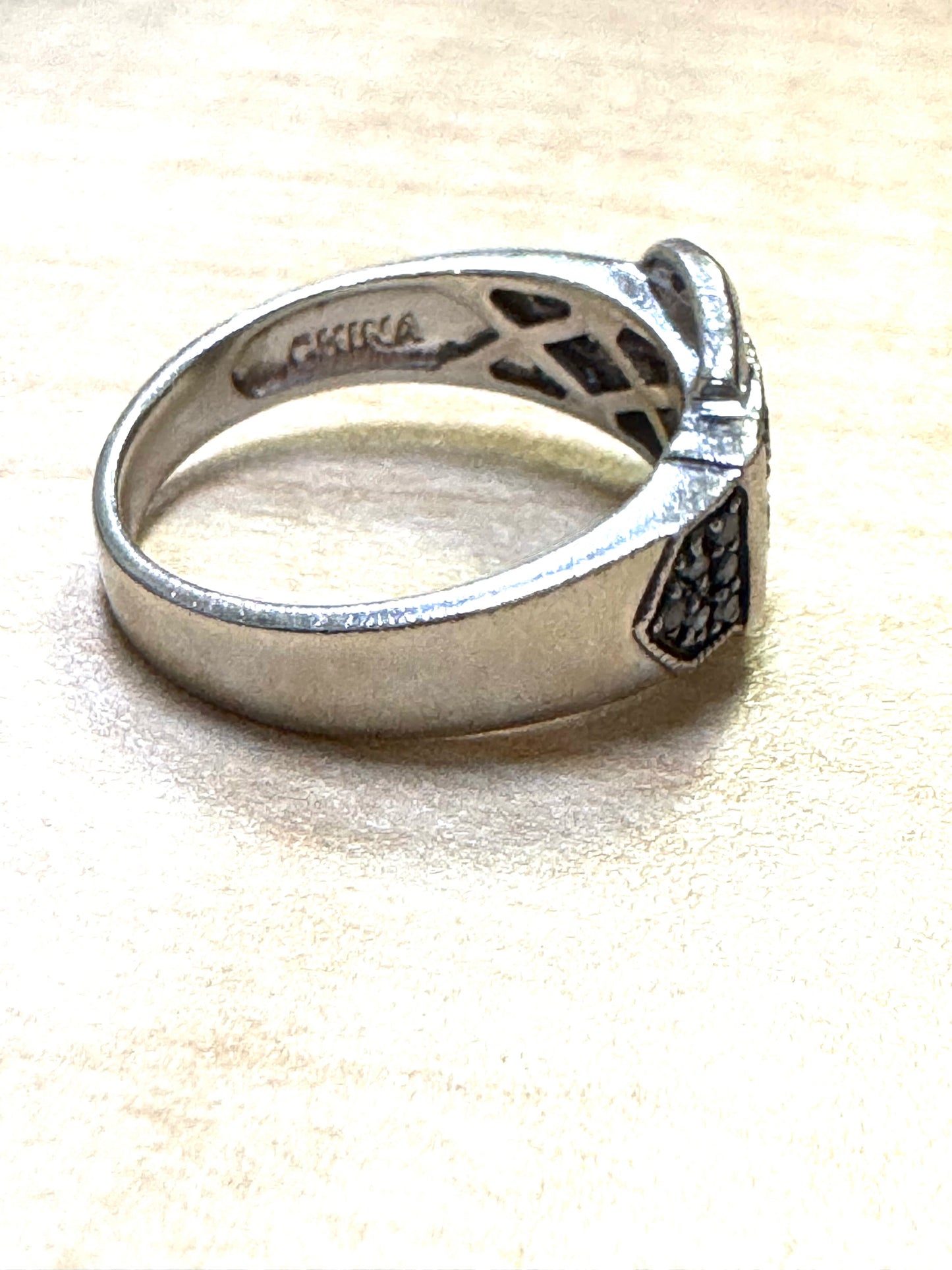 WHITE & BLUE DIAMOND STERLING SILVER BELT BUCKLE RING .35 CARAT SIZE 7