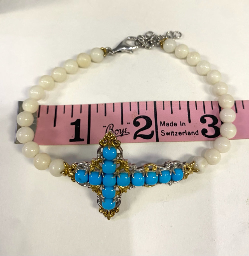 Gems En Vogue Sterling Silver White Coral Cross Bracelet Adj 8"- 9"
