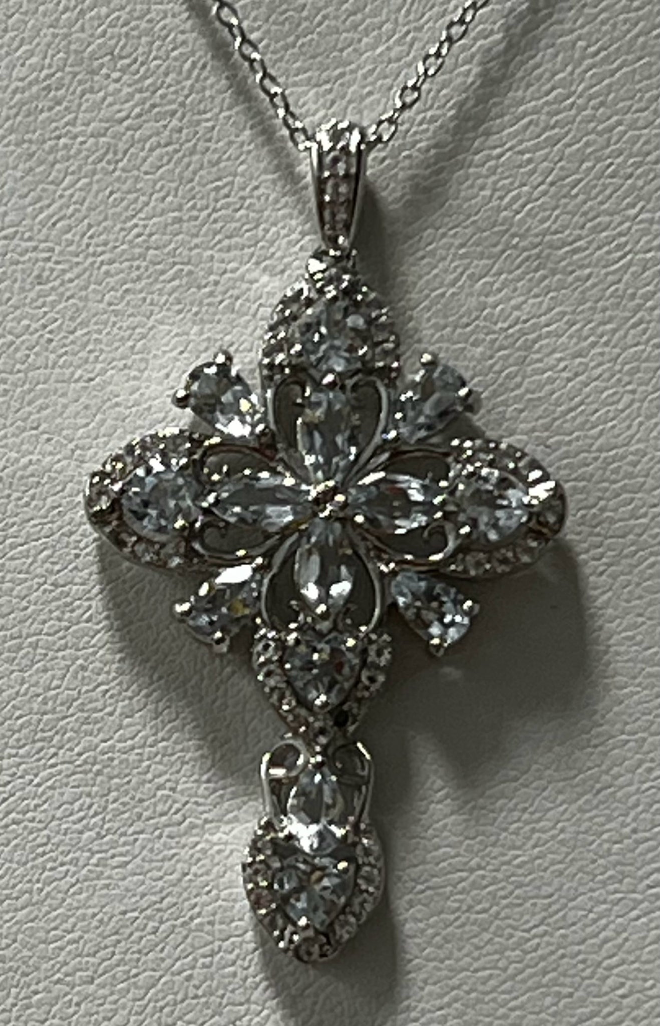 Sterling Silver Aquamarine & White Zircon Cross Pendant Chain Necklace New JTV