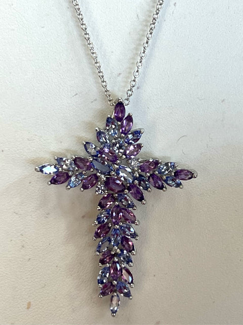 Sterling Silver Tanzanite & Amethyst Cross Pendant & Necklace Chain JTV New