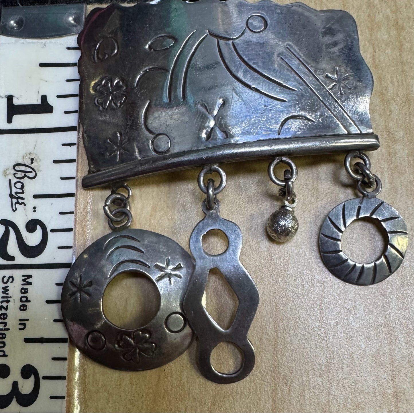 Vintage Taxco Sterling Silver Brooch Pin Dangles Tv-52 Mexico