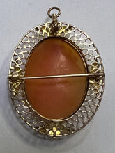 Load image into Gallery viewer, 10k Yellow Gold Cameo Brooch Pin Pendant Marked 10k Filigree 1.40&quot; x 1.15&quot;