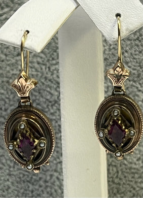 10k Rose Gold Dangle Drop Earrings Vintage Garnet w/ Seed Pearls