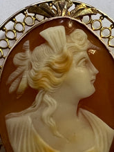 Load image into Gallery viewer, 10k Yellow Gold Cameo Brooch Pin Pendant Marked 10k Filigree 1.40&quot; x 1.15&quot;
