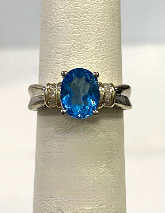 10k White Gold Blue Topaz Diamond Ring Size 7