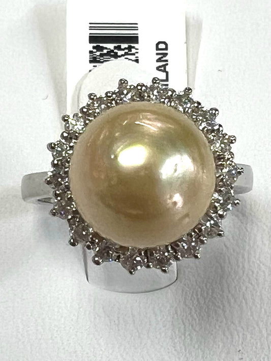 Sterling Silver Golden Cultured South Sea .46 cttw Moissanite Ring Size 8 JTV