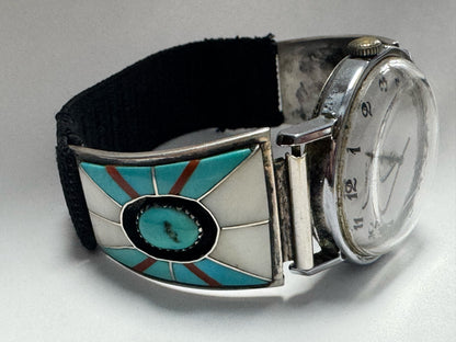 Teme Sterling Silver Inlaid Watch Band Tips Zuni MOP & Turquoise