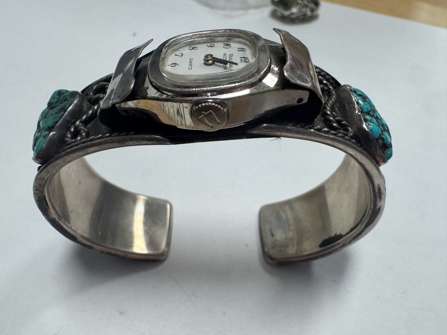 Vintage Sterling Silver Cuff Turquoise Watch Bulova Accutron New Battery