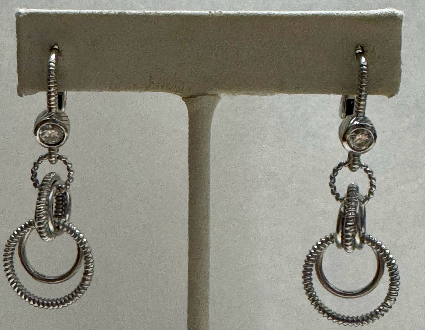 Judith Ripka Sterling Silver CZ 1.5" Dangle Leverback  Earrings Textured Rings