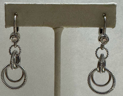 Judith Ripka Sterling Silver CZ 1.5" Dangle Leverback  Earrings Textured Rings