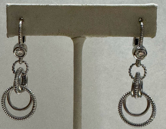 Judith Ripka Sterling Silver CZ 1.5" Dangle Leverback  Earrings Textured Rings