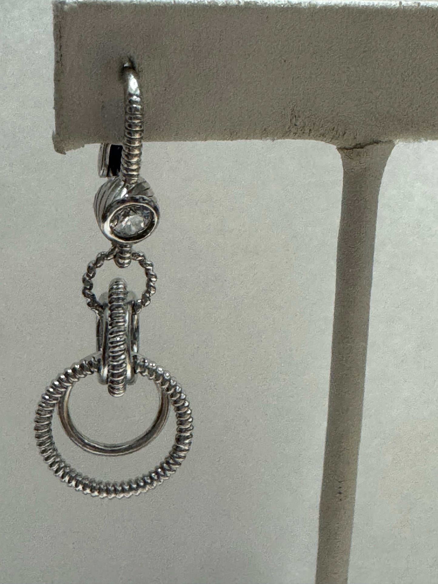 Judith Ripka Sterling Silver CZ 1.5" Dangle Leverback  Earrings Textured Rings