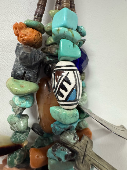 Vintage Native American Sterling Silver 4 Strand Heavy 28-32" Turquoise Necklace