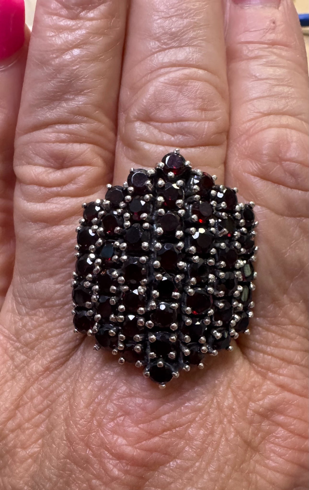 Vintage Massive Sterling Silver Garnet Ring 1.3" x 1.08" Large Heavy 23g Size 9