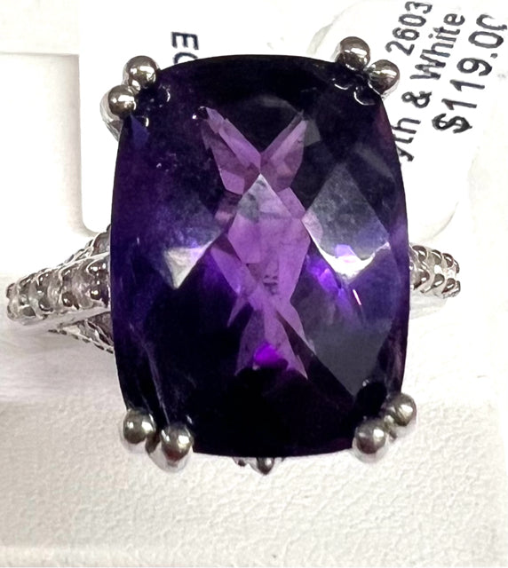 Sterling Silver 8.2 ct African Amethyst .30 ct tw White Topaz Ring New JTV SZ 8
