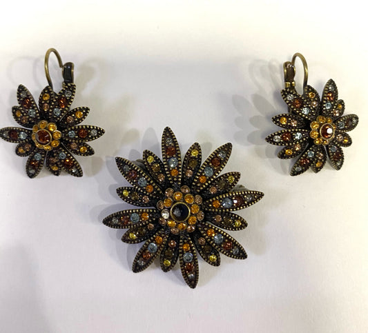 Joan Rivers Amber Colored Set 2.30"  Brooch Pin w/ Earrings Swarovski Crystals