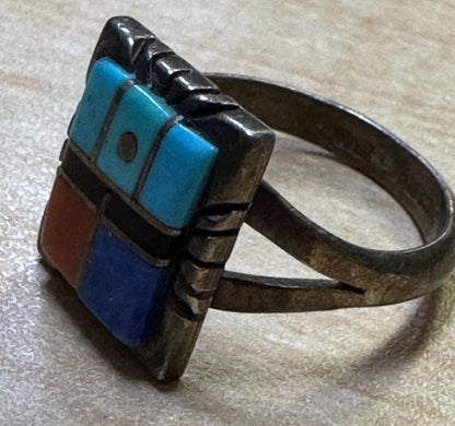 C. Benally Native American Sterling Silver Inlay Turquoise Lapis Ring SZ 7.5