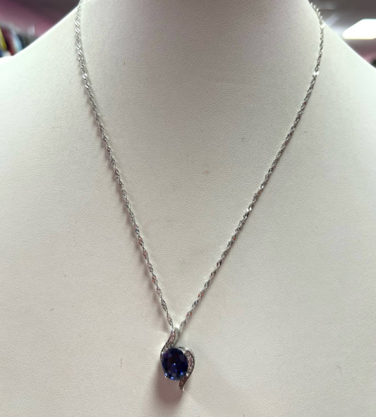 Sterling Silver Blue & White CZ Necklace & Adj Chain