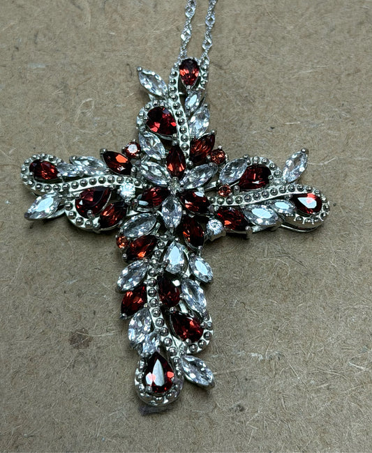 Sterling Silver Garnet Pendant Cross Chain New JTV
