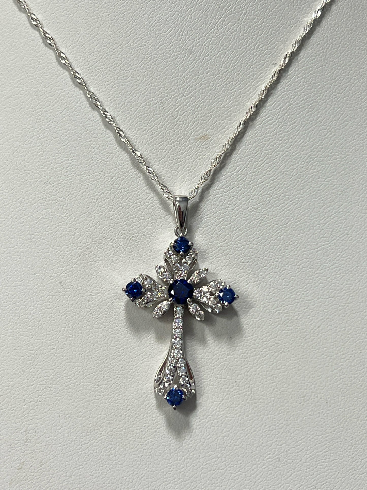 Sterling Silver Blue White CZ Necklace Cross New JTV