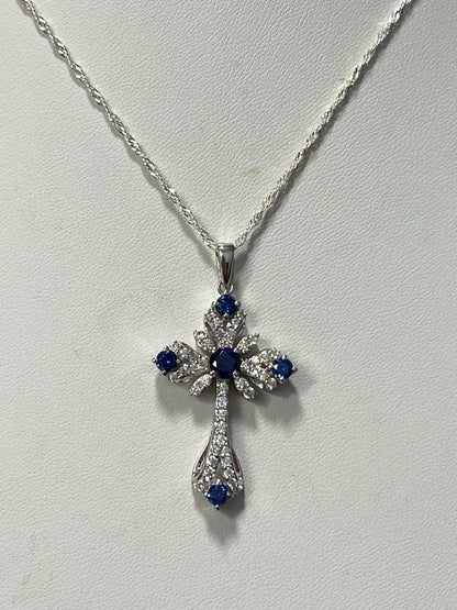 Sterling Silver Blue White CZ Necklace Cross New JTV