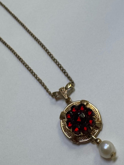 AMCO 14K Gold Filled Necklace Clip on Earring Set 2 Pc Red Garnet Pearl