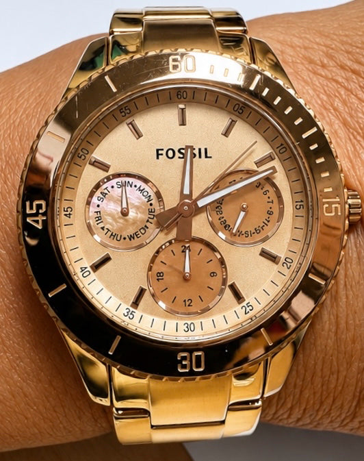 Fossil Stella Watch Women 38mm Rose Gold Tone Day Date WR 50M New Battery