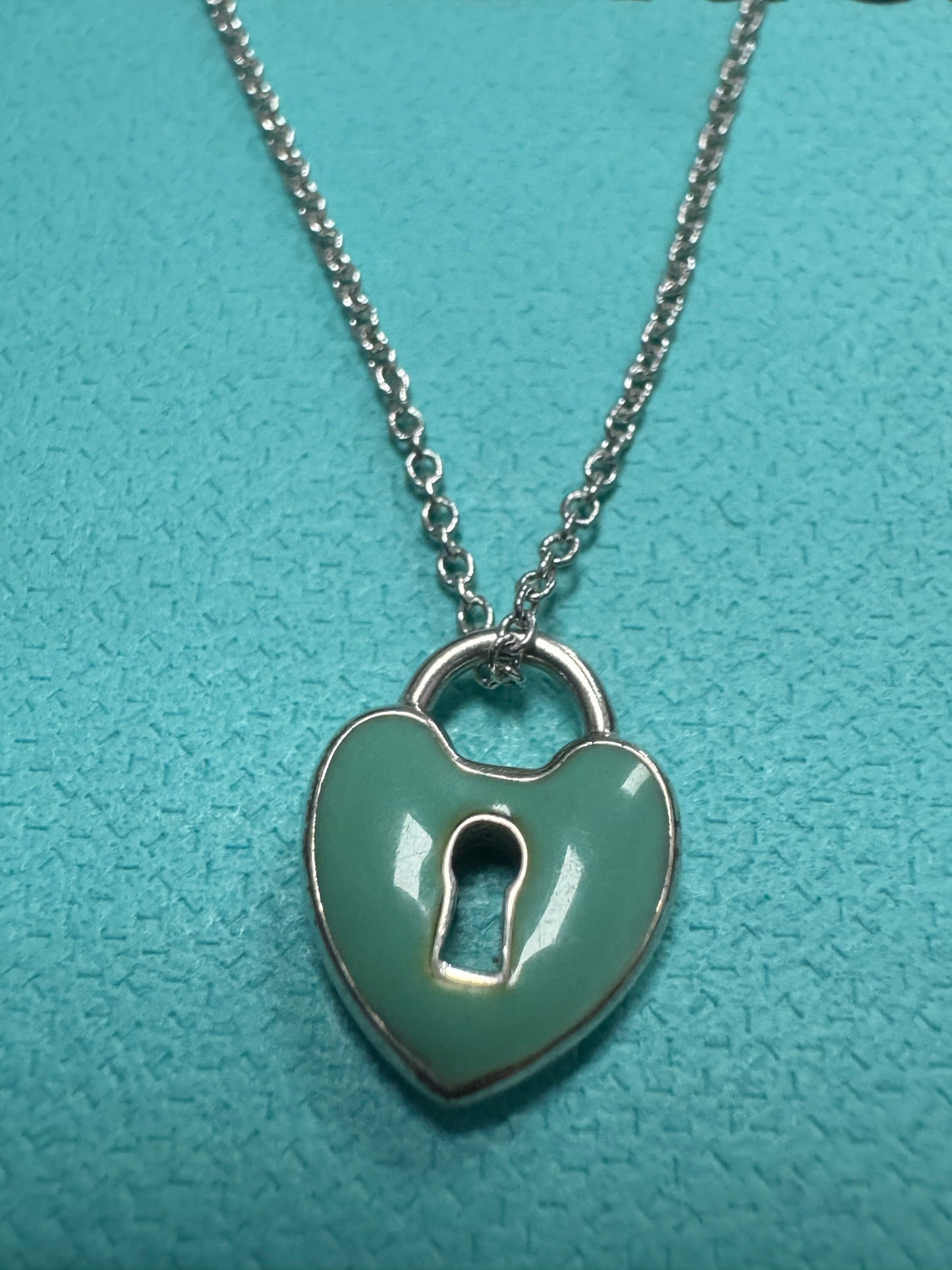 Tiffany & Co Sterling Silver Blue Enamel Small Heart Lock 16" Necklace Keyhole