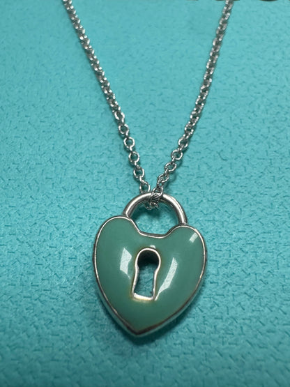 Tiffany & Co Sterling Silver Blue Enamel Small Heart Lock 16" Necklace Keyhole
