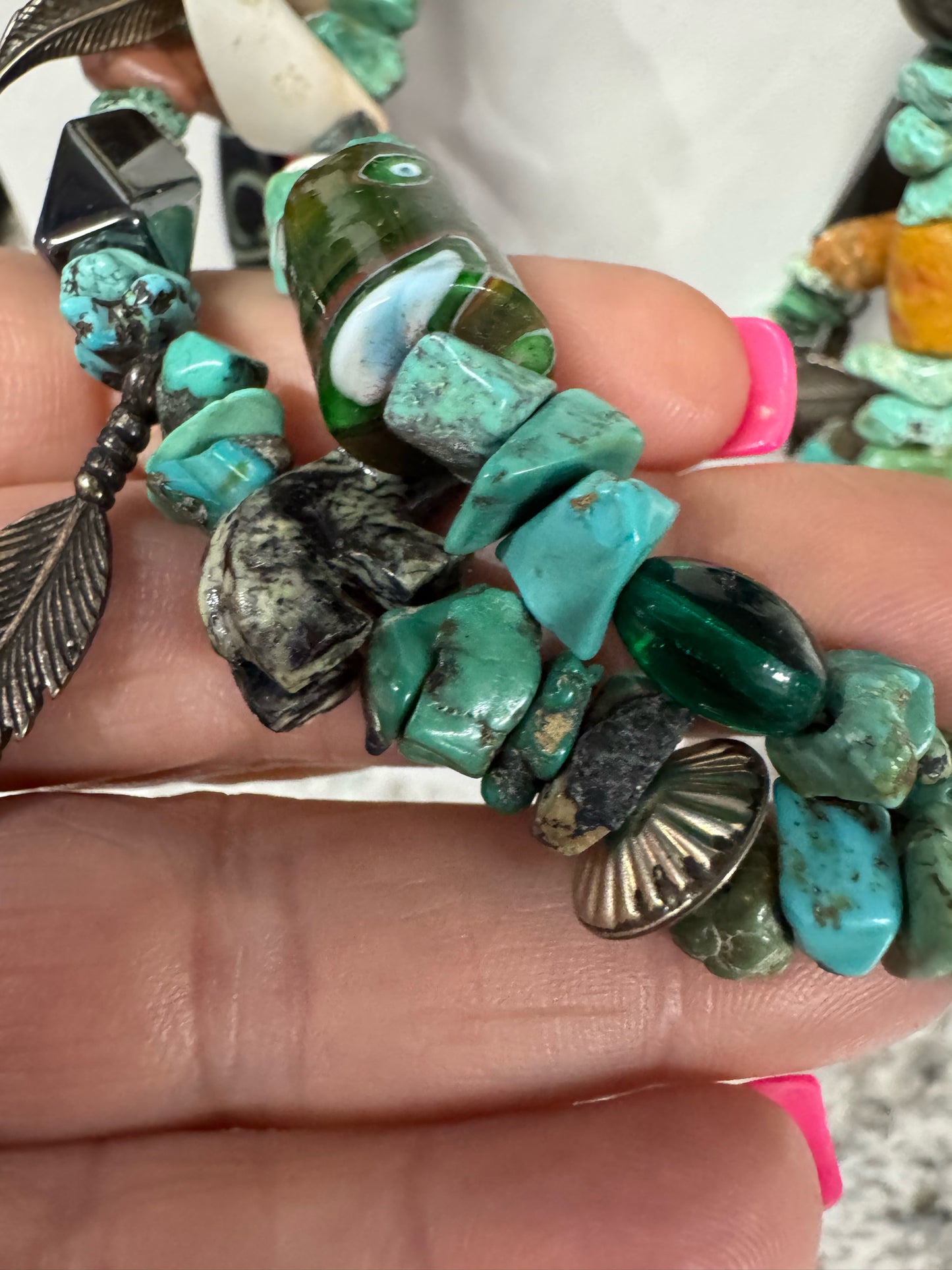 Vintage Native American Sterling Silver 4 Strand Heavy 28-32" Turquoise Necklace